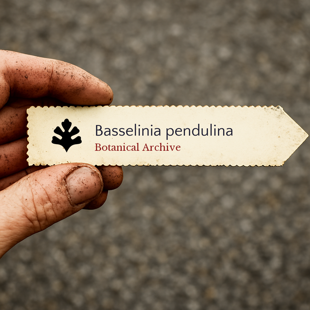 Bedrucktes Pflanzenetikett für Basselinia pendulina, gehalten von einer schmutzigen Hand vor unscharfem Hintergrund