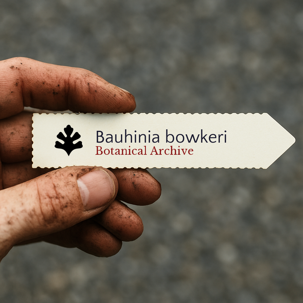 Bedrucktes Pflanzenetikett für Bauhinia bowkeri, gehalten von einer dreckigen Hand im Freien