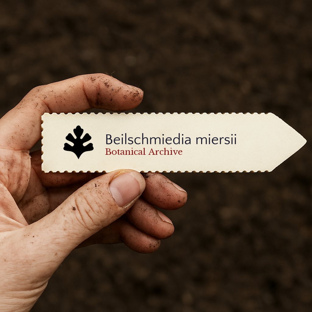 Bedrucktes Pflanzenetikett für Beilschmiedia miersii mit Botanical Archive Logo, gehalten von einer schmutzigen Hand