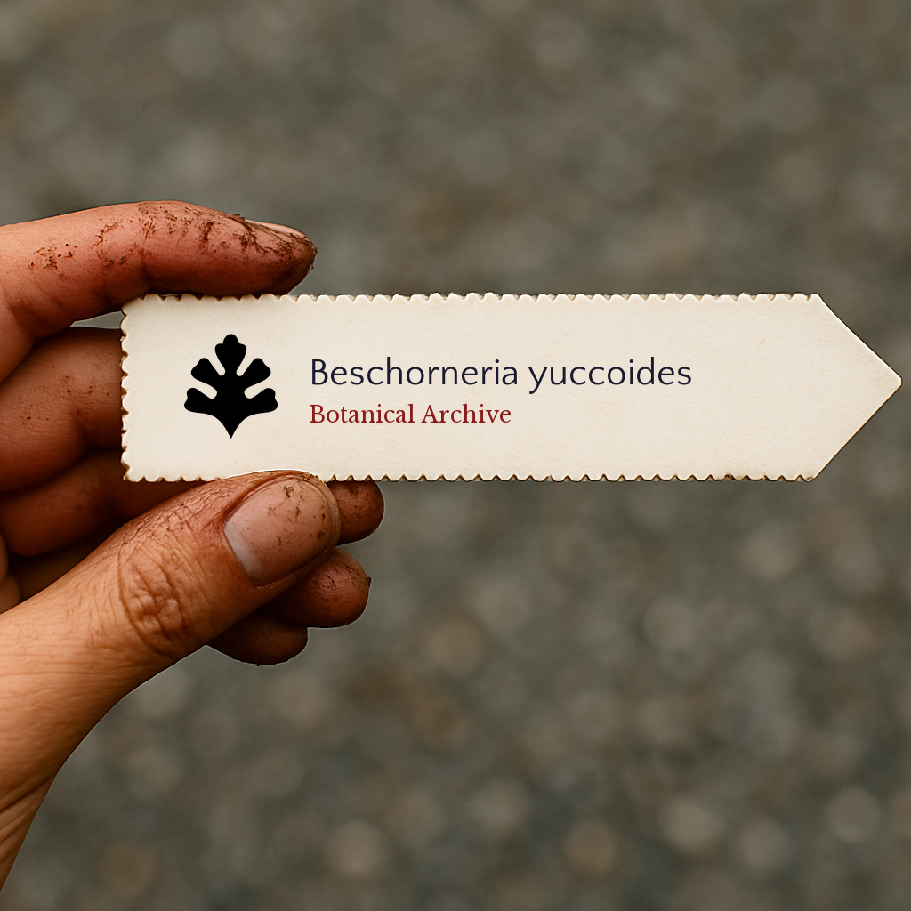 Printed plant label for Beschorneria yuccoides held by dirty hand outdoors