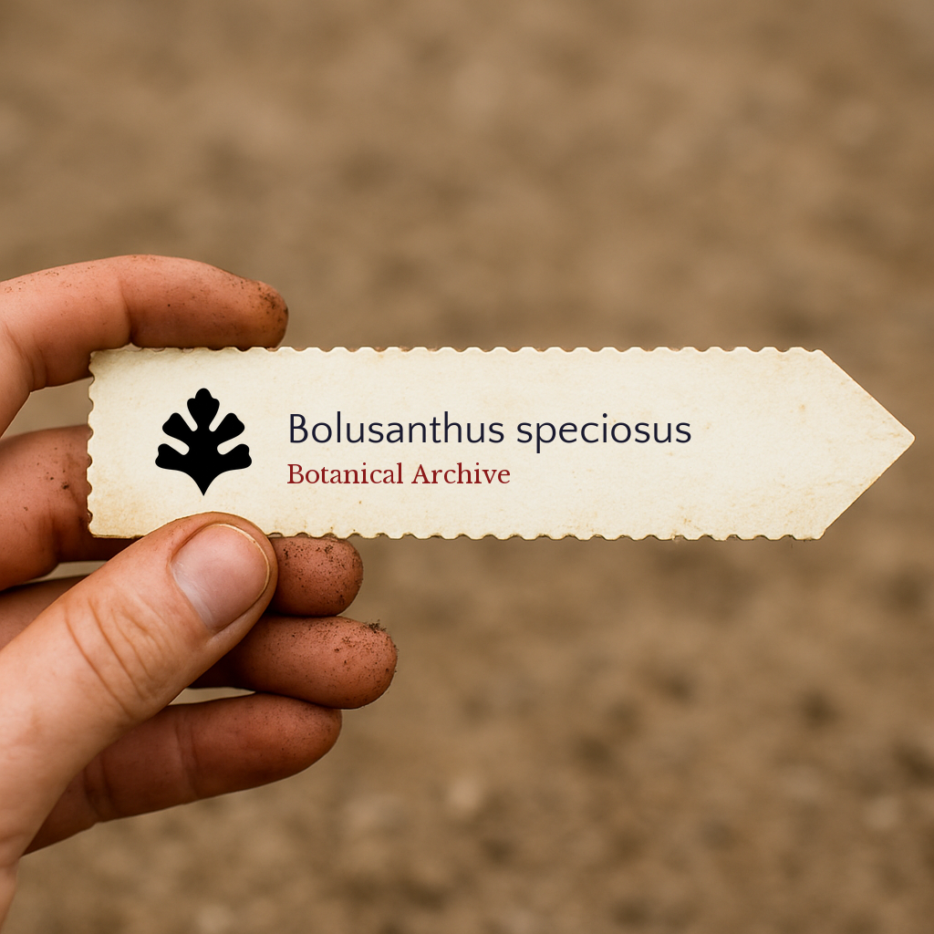 Trykt planteetikett for Bolusanthus speciosus med Botanical Archive-logo, holdt i hånden