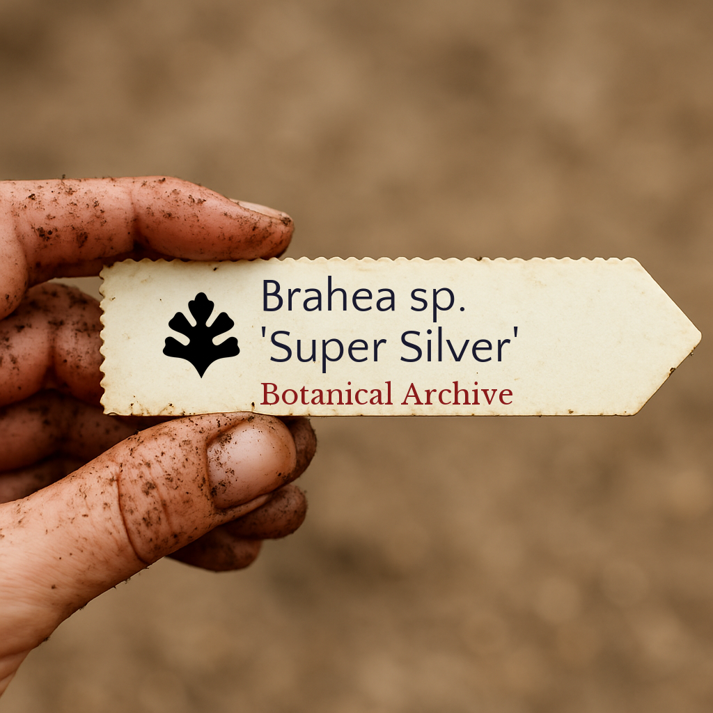 Bedrucktes Pflanzenetikett für Brahea sp. 'Super Silver', gehalten von einer schmutzigen Hand im Freien