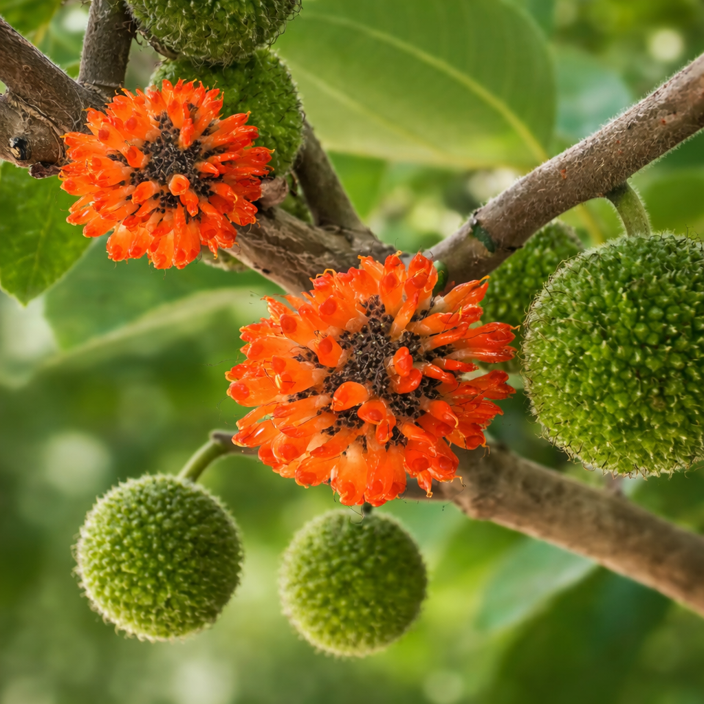 Broussonetia papyrifera com flores espinhosas laranja brilhante e fruto esférico verde no ramo