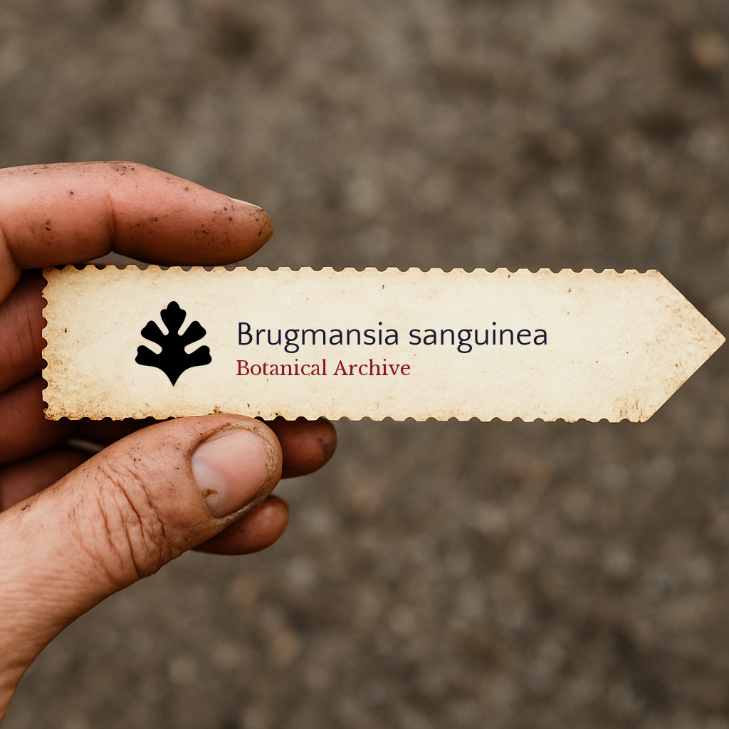Vintage botanisches Archiv Pflanzenetikett für Brugmansia sanguinea, in der Hand gehalten