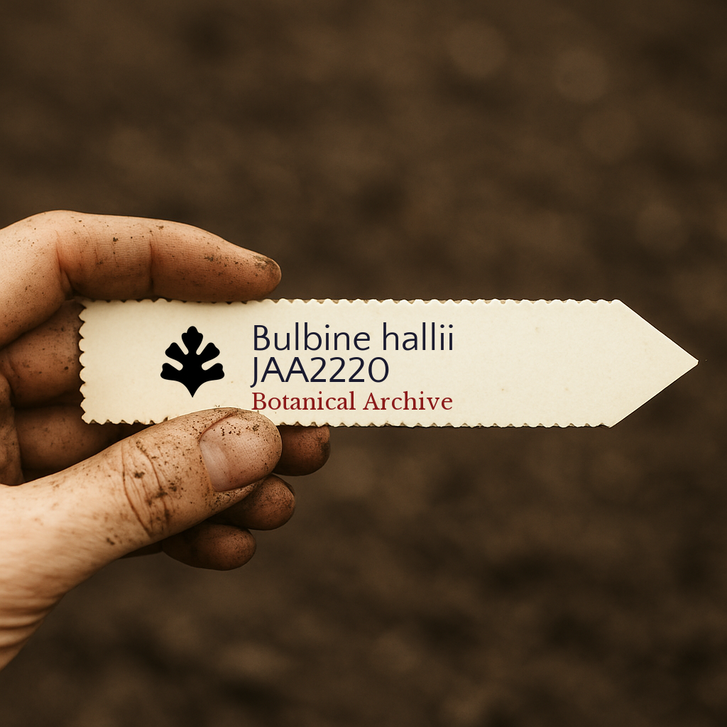 Bedrucktes Pflanzenetikett für Bulbine hallii, gehalten von schmutziger Hand vor einem Erd-Hintergrund