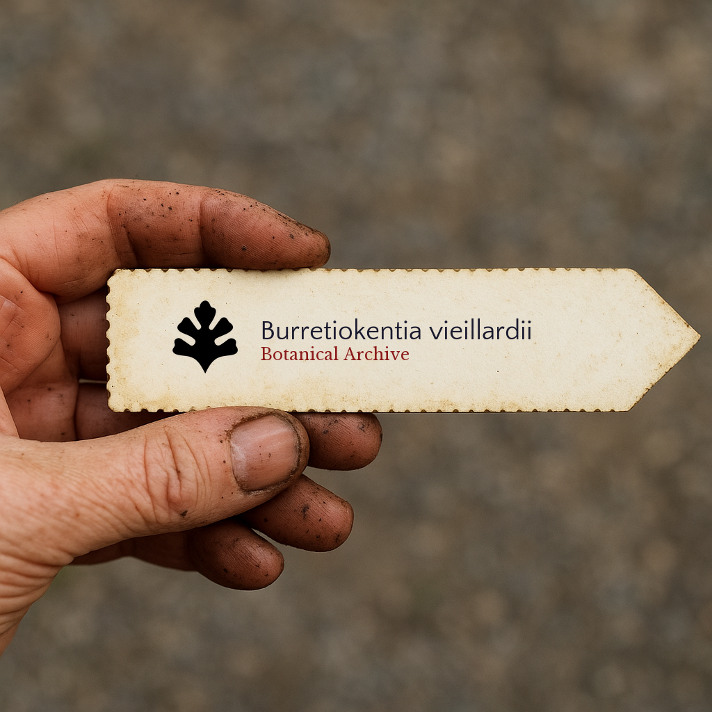 Printed plant label for Burretiokentia vieillardii held by dirty hand outdoors