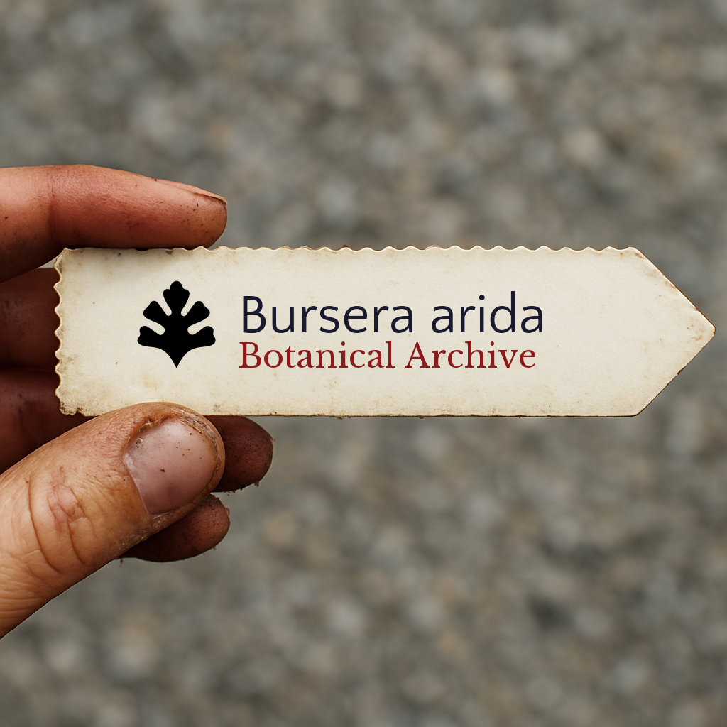 Vintage botanical archive label for Bursera arida held by hand with dirt-stained fingers