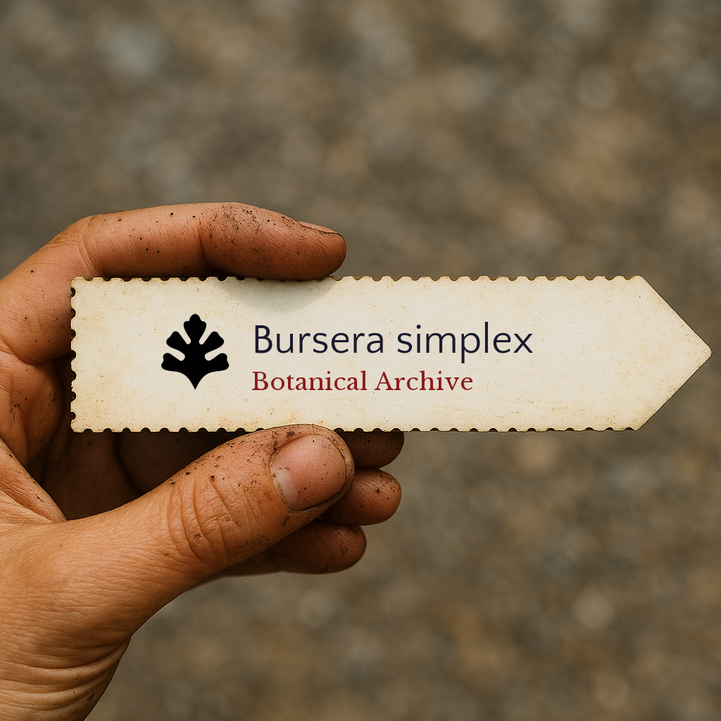 Étiquette de plante imprimée pour Bursera simplex tenue à la main avec de la terre sur les doigts