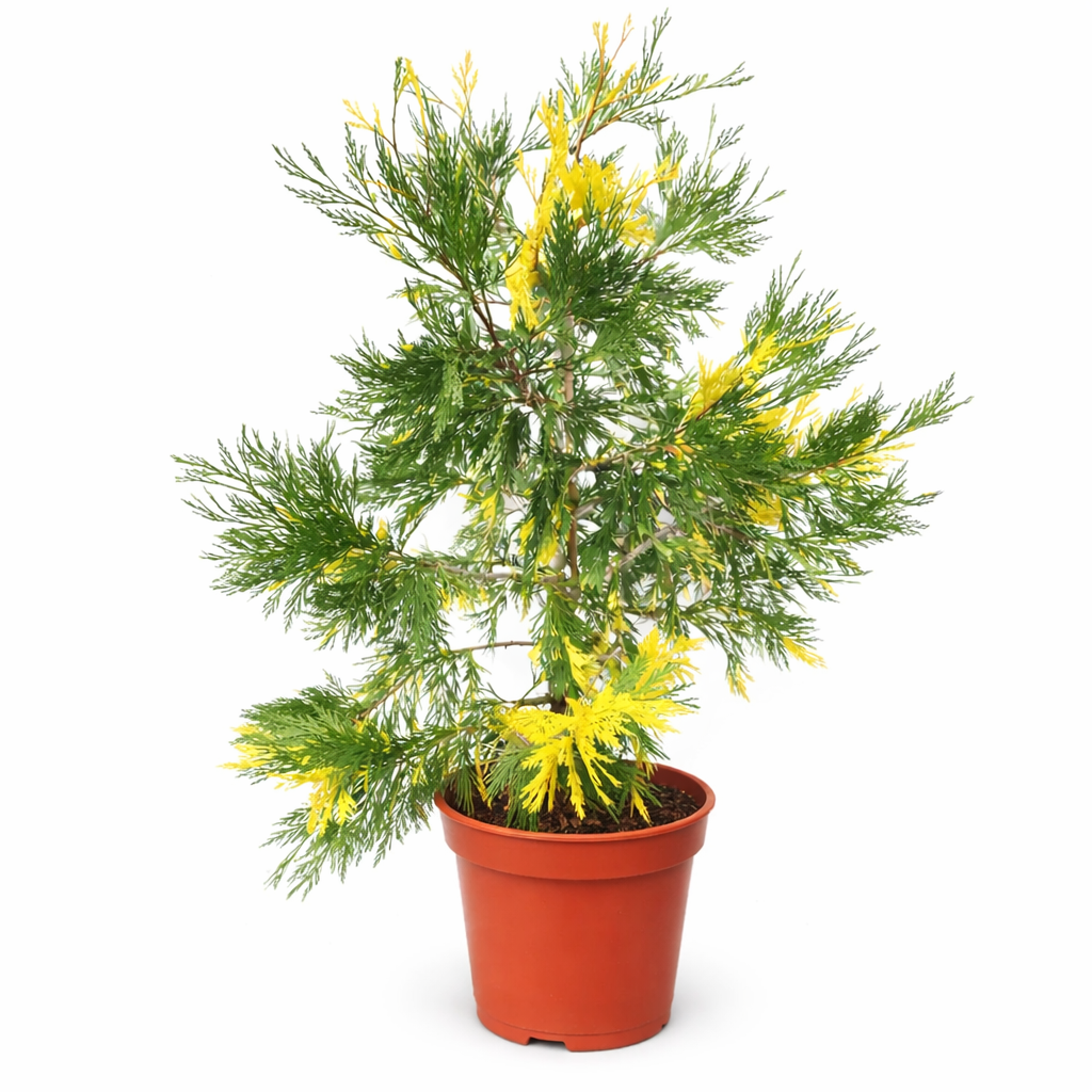 Petit conifère en pot Calocedrus decurrens panaché avec un feuillage vert et jaune