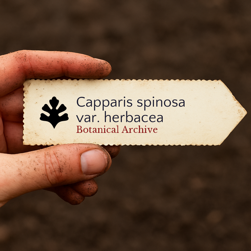 Printed plant label for Capparis spinosa var. herbacea held by dirty hand over soil background
