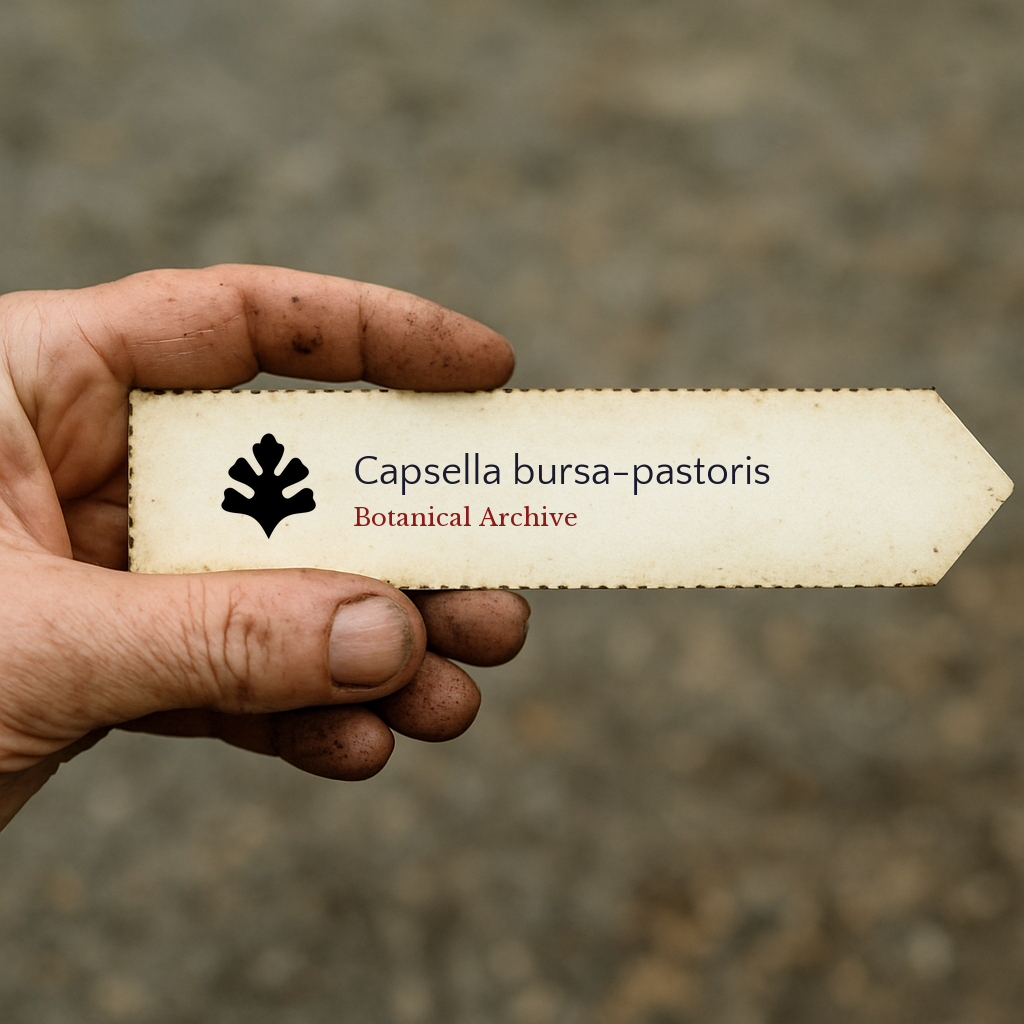 Étiquette végétale imprimée pour Capsella bursa-pastoris tenue par une main sale en extérieur