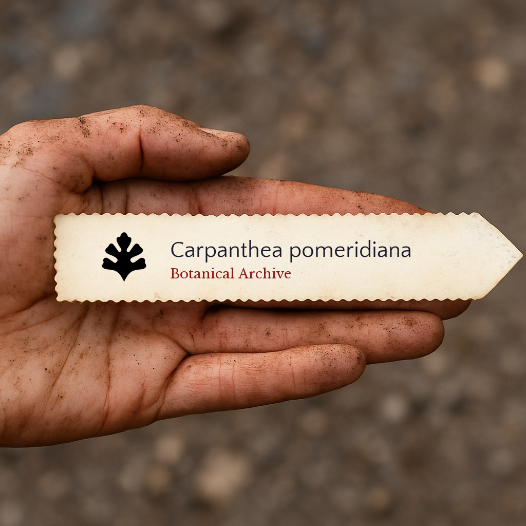 Printed plant label for Carpanthea pomeridiana held in dirty hand outdoors