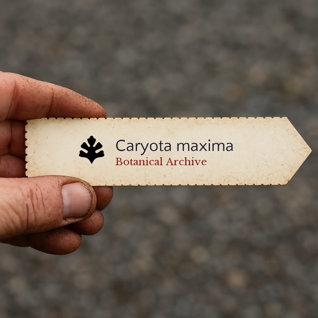 Bedrucktes Pflanzenetikett für Caryota maxima, von Hand gehalten mit Erde an den Fingern