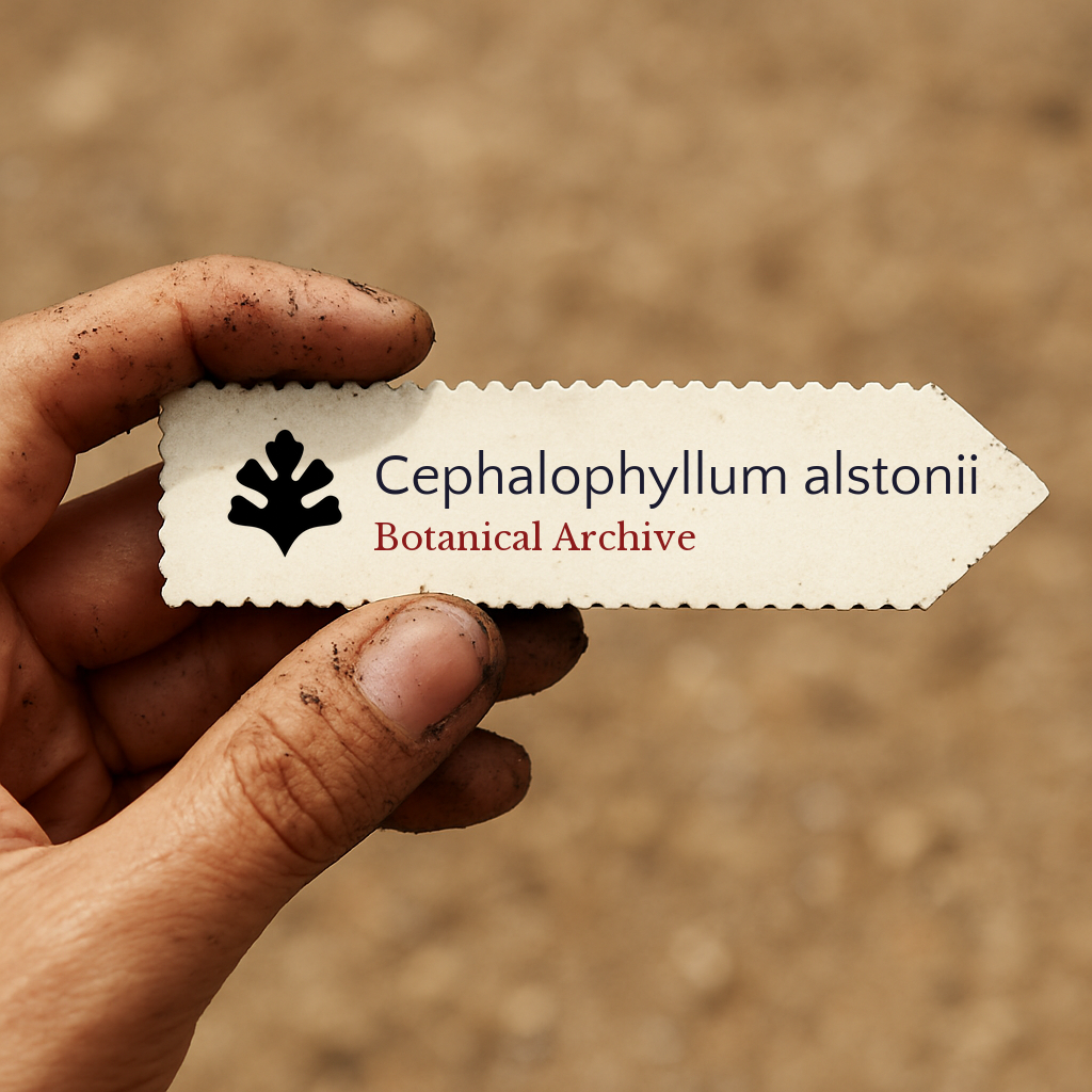 Etichetta stampata per pianta di Cephalophyllum alstonii tenuta da mano sporca all'aperto