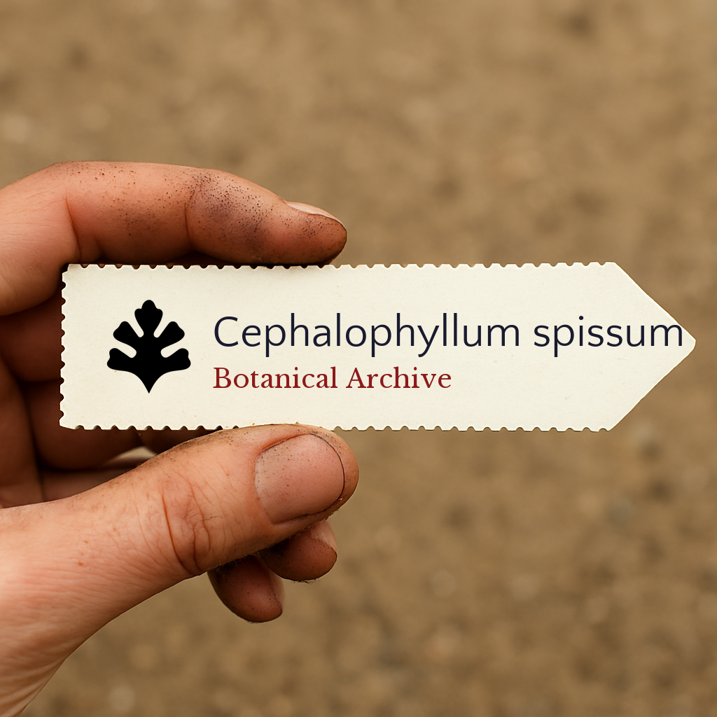 Etichetta per piante stampata per Cephalophyllum spissum tenuta a mano con sfondo di terra