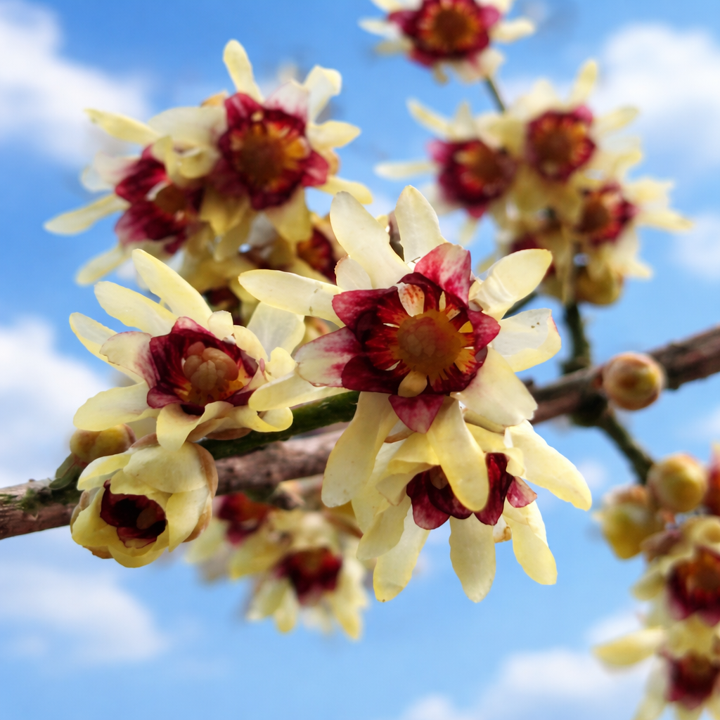 Gele en rode geurige winterbloemen van Chimonanthus praecox aan een tak tegen een blauwe lucht