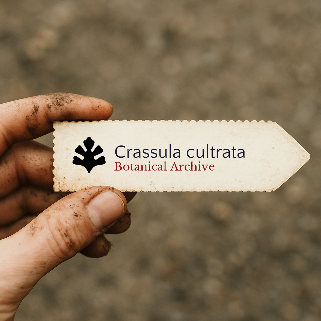 Bedrucktes Pflanzenetikett für Crassula cultrata, gehalten von einer erdfleckigen Hand im Freien