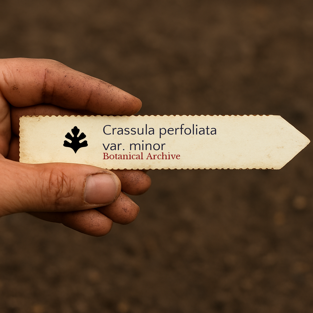 Bedrucktes Pflanzenetikett für Crassula perfoliata var. minor, gehalten von schmutziger Hand vor Erdhintergrund