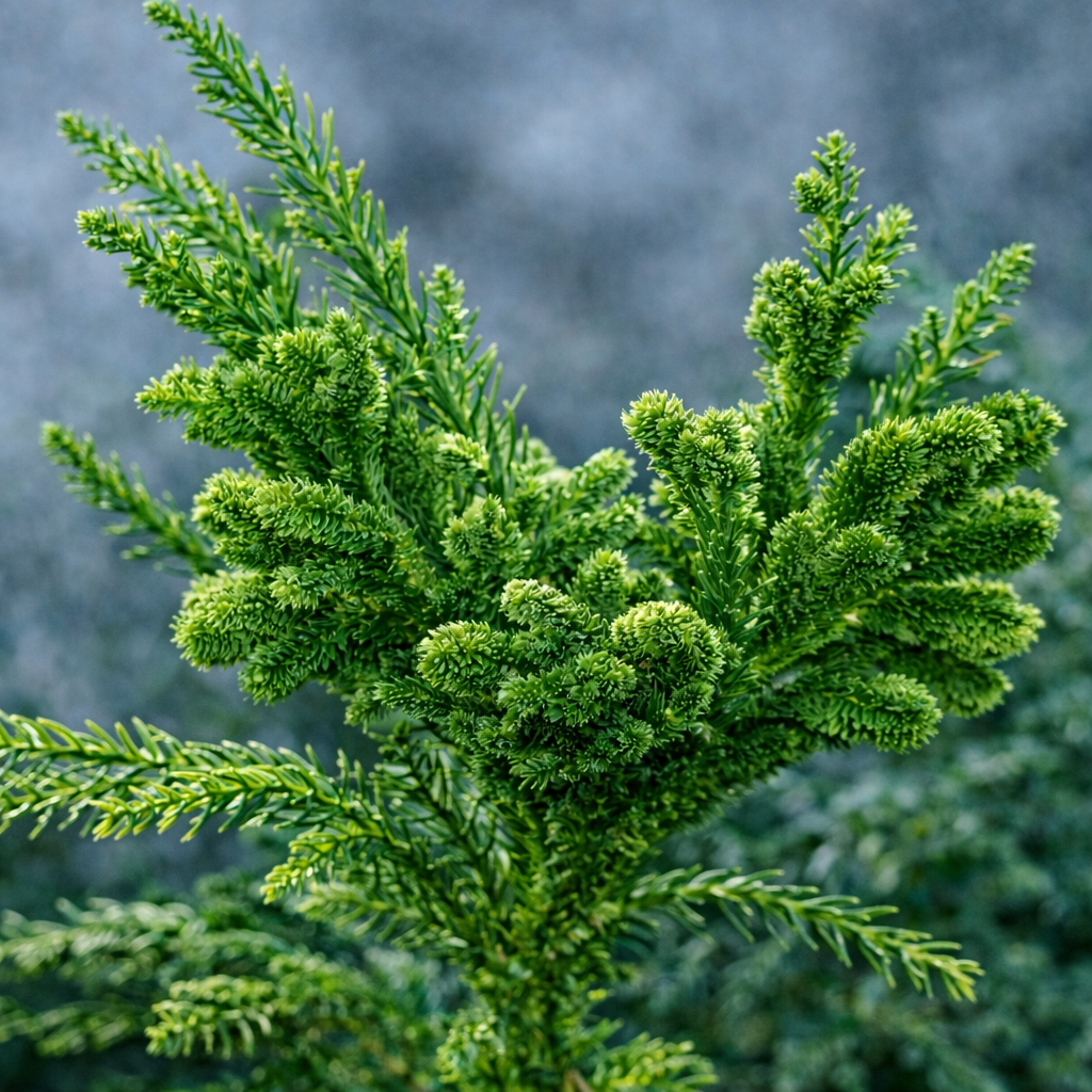 Cryptomeria japonica crested form rare conifer with dense, textured bright green foliage
