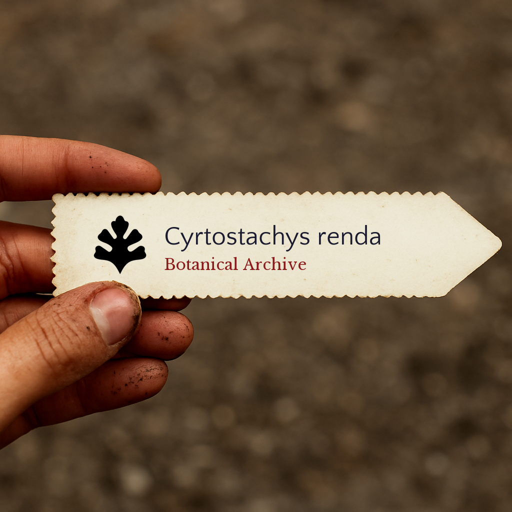 Gedrucktes Pflanzenetikett für Cyrtostachys renda, in der Hand gehalten, mit Bodenhintergrund