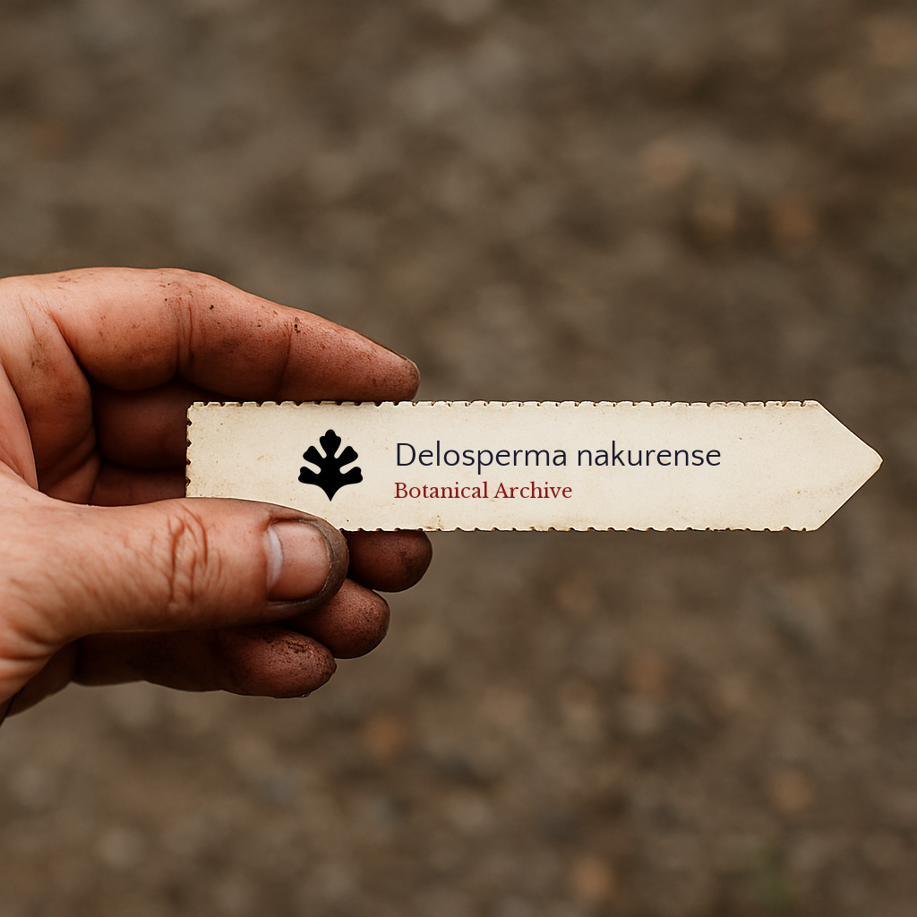 Printed plant label for Delosperma nakurense held by hand with soil background