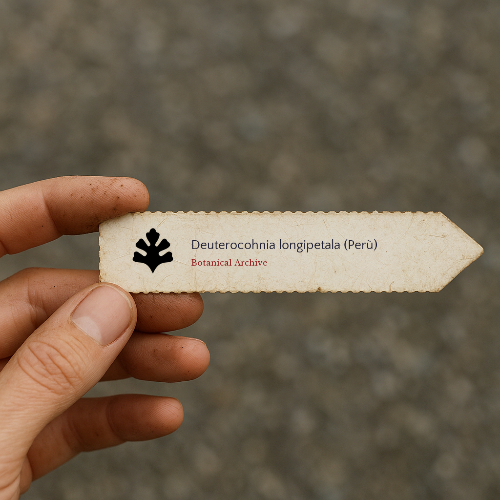 Gedrukt plantenlabel voor Deuterocohnia longipetala in de hand gehouden op een vervagde achtergrond