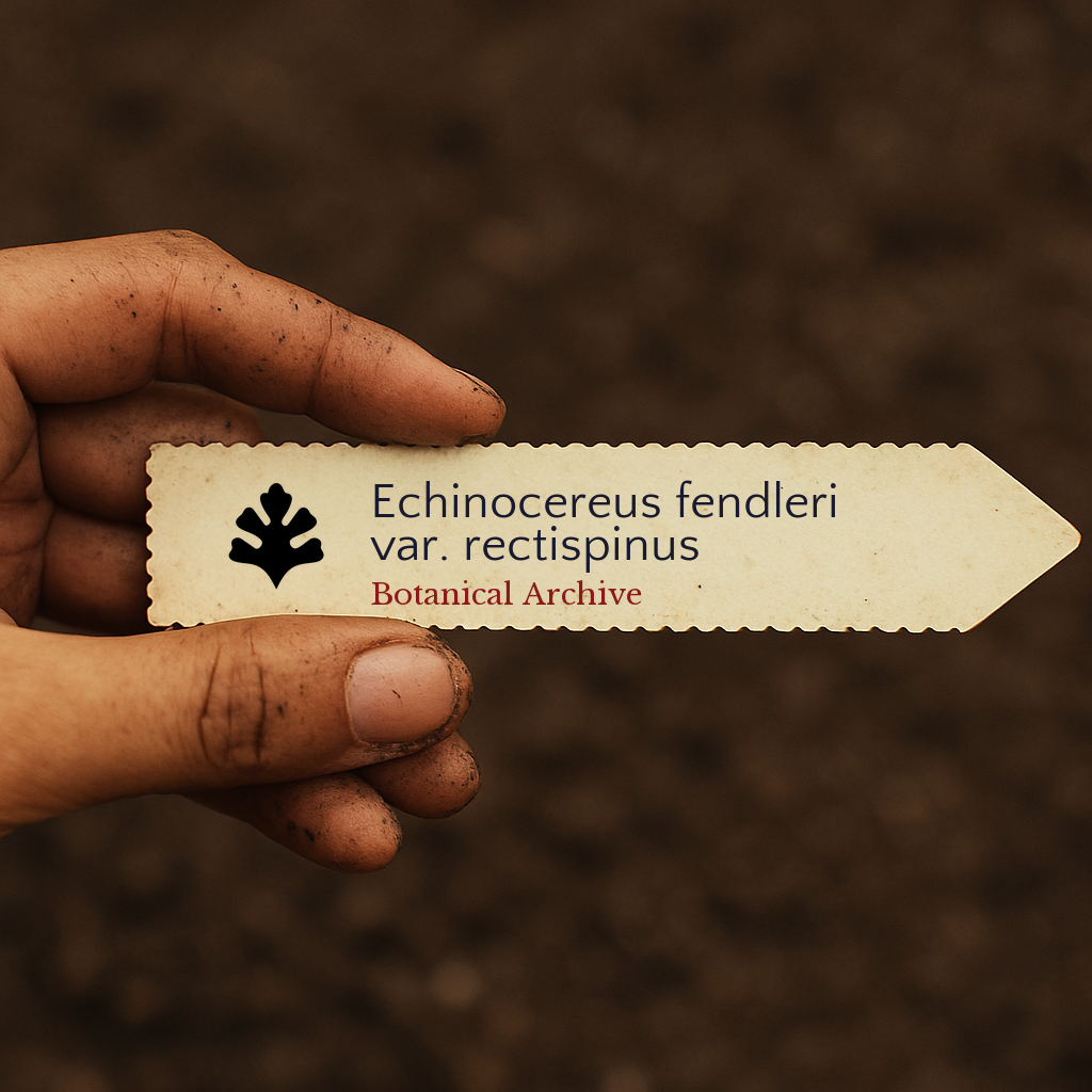 Printed plant label for Echinocereus fendleri var. rectispinus held over soil background
