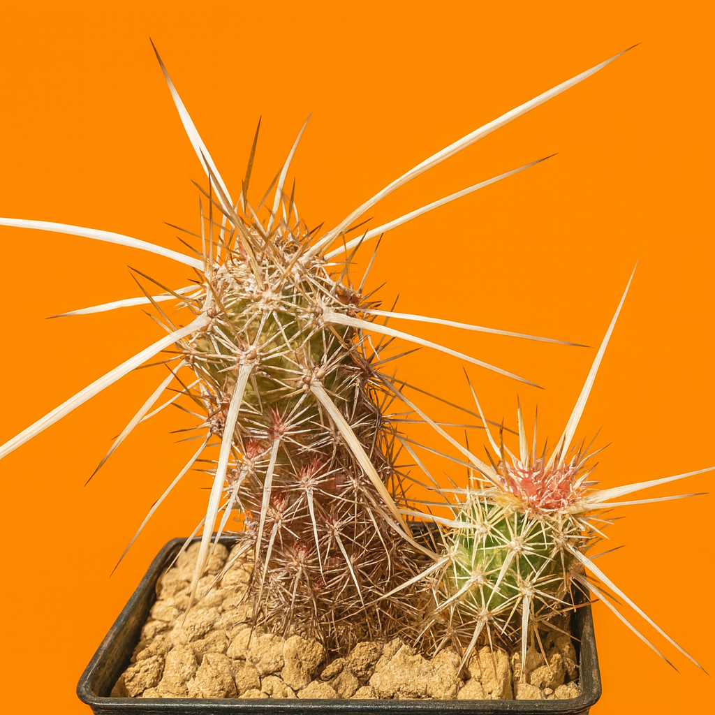 Echinocereus brandegeei succulent cactus with long white spines and green stems in pot