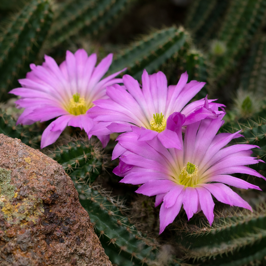 자연 환경에서 생생한 분홍색 꽃과 가시가 많은 녹색 줄기를 가진 에키노세레우스 시네라센스 선인장