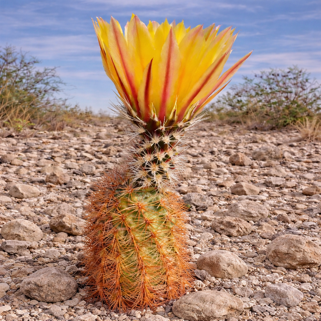 กระบองเพชร อิชิโนเซรีอัส ดาซิแคนธัส ดอกสีเหลืองสดใสและสีแดง ก้านหนามสีส้มหนาแน่นบนพื้นหิน
