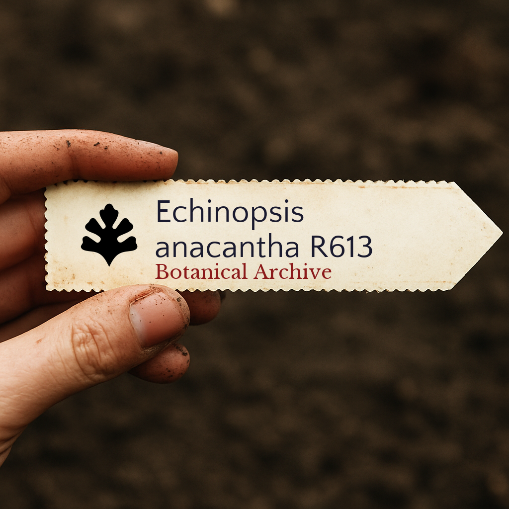 에키노프시스 아나칸타 R613 식물 라벨, 흙 배경 위에 손으로 들고 있음