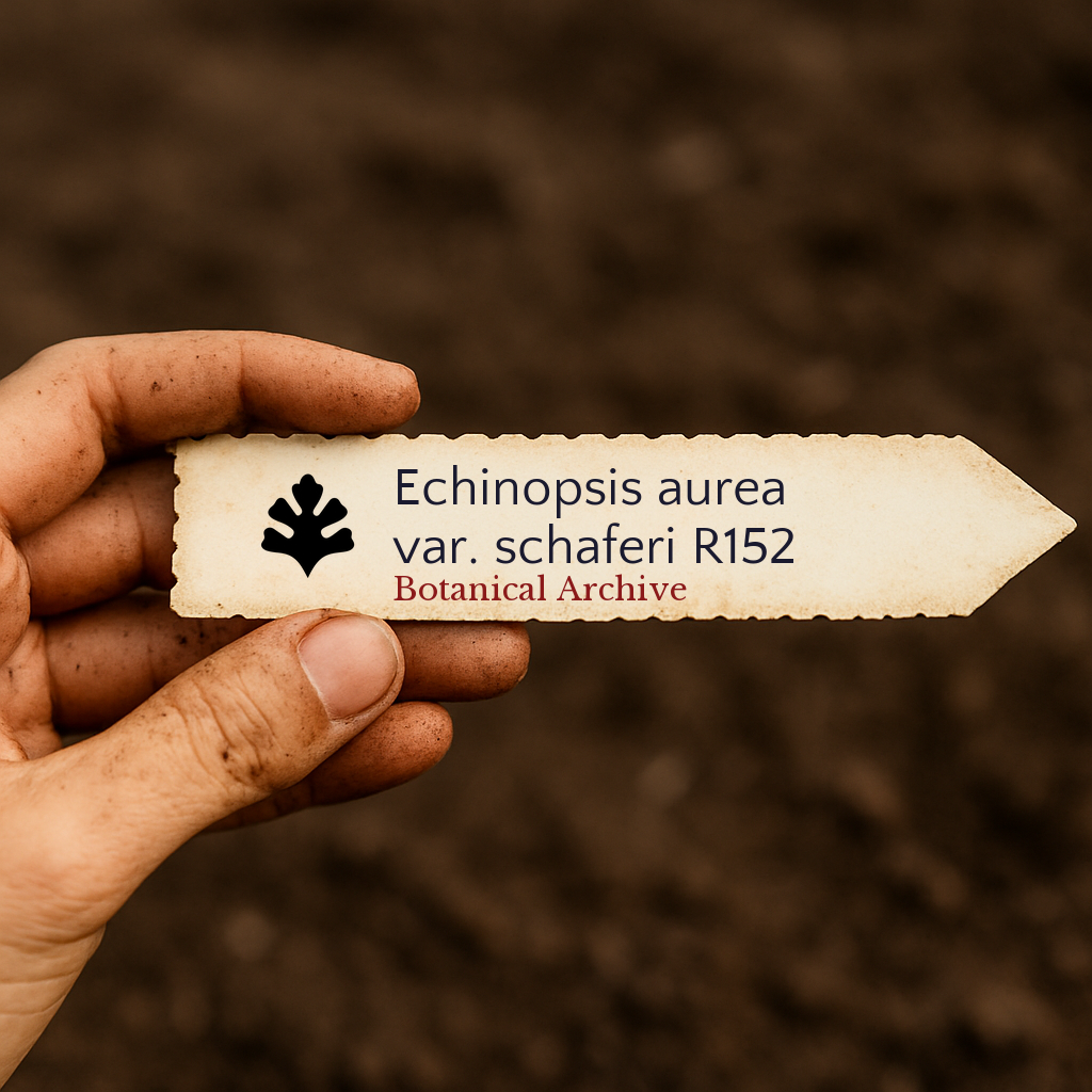 Printed plant label for Echinopsis aurea var. schaferi R152 held over soil background