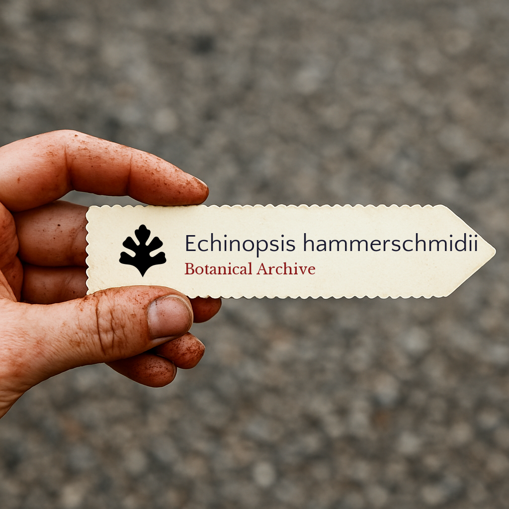 에키노프시스 함머슈미디이 식물 라벨을 손에 들고 흙으로 얼룩진 손가락