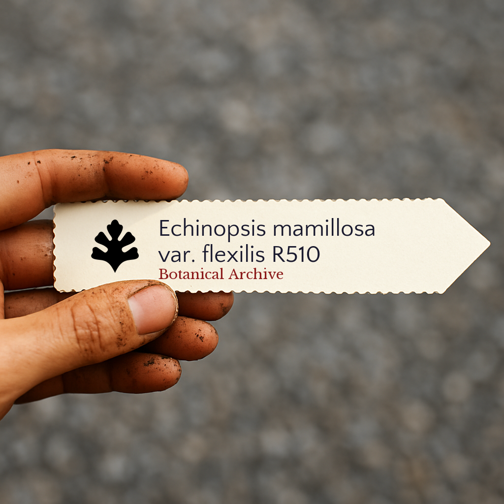 식물 라벨: 에키노프시스 마밀로사 바리애티 플렉실리스, Botanical Archive 로고 포함