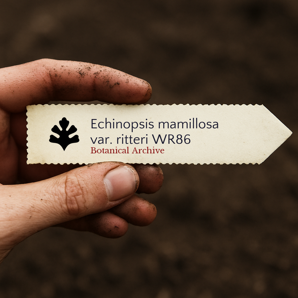 에키노프시스 마밀로사 바리에타스 리테리 식물 라벨, 흙 배경 위 손에 들려 있음