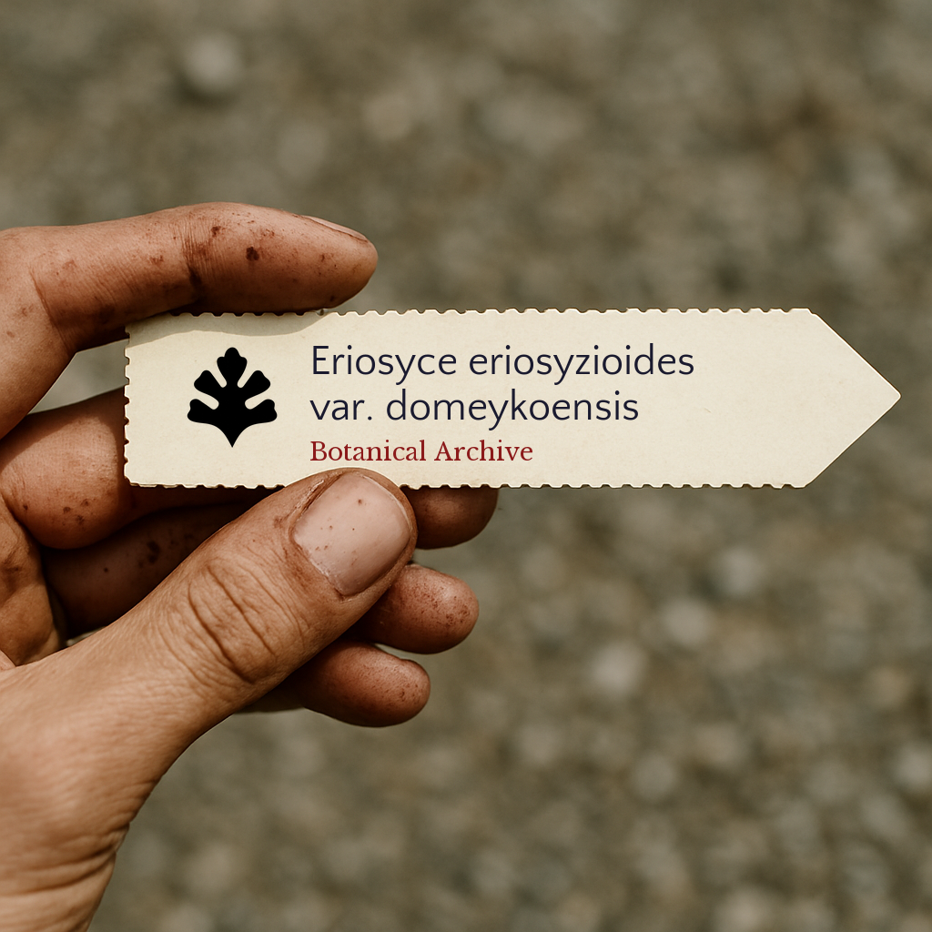 Trykt planteetikett for Eriosyce eriosyzioides var. domeykoensis holdt i hånden med jordbakgrunn