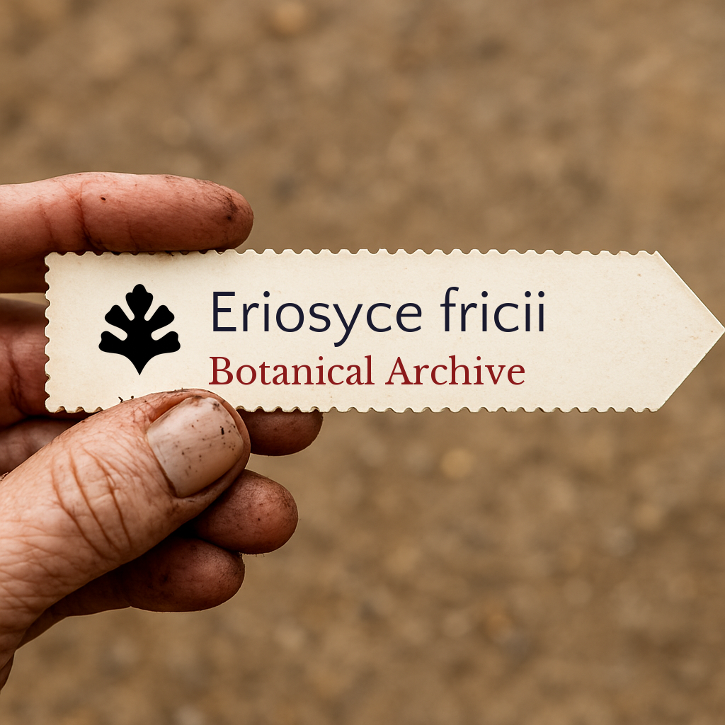 Trykt planteetikett for Eriosyce fricii holdt i hånden med jordbakgrunn