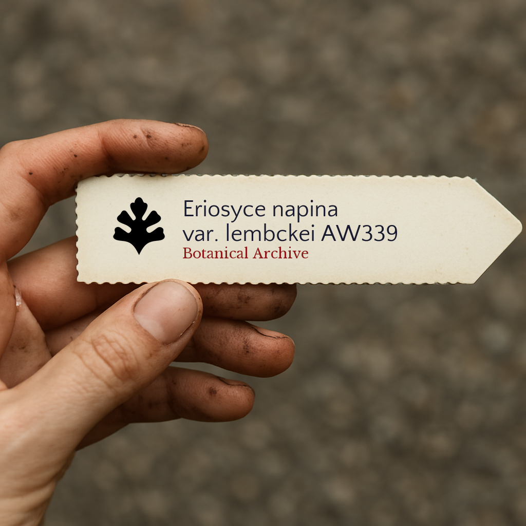 Trykt plantelapp for Eriosyce napina var. lembckei holdt i hånden med jordbakgrunn