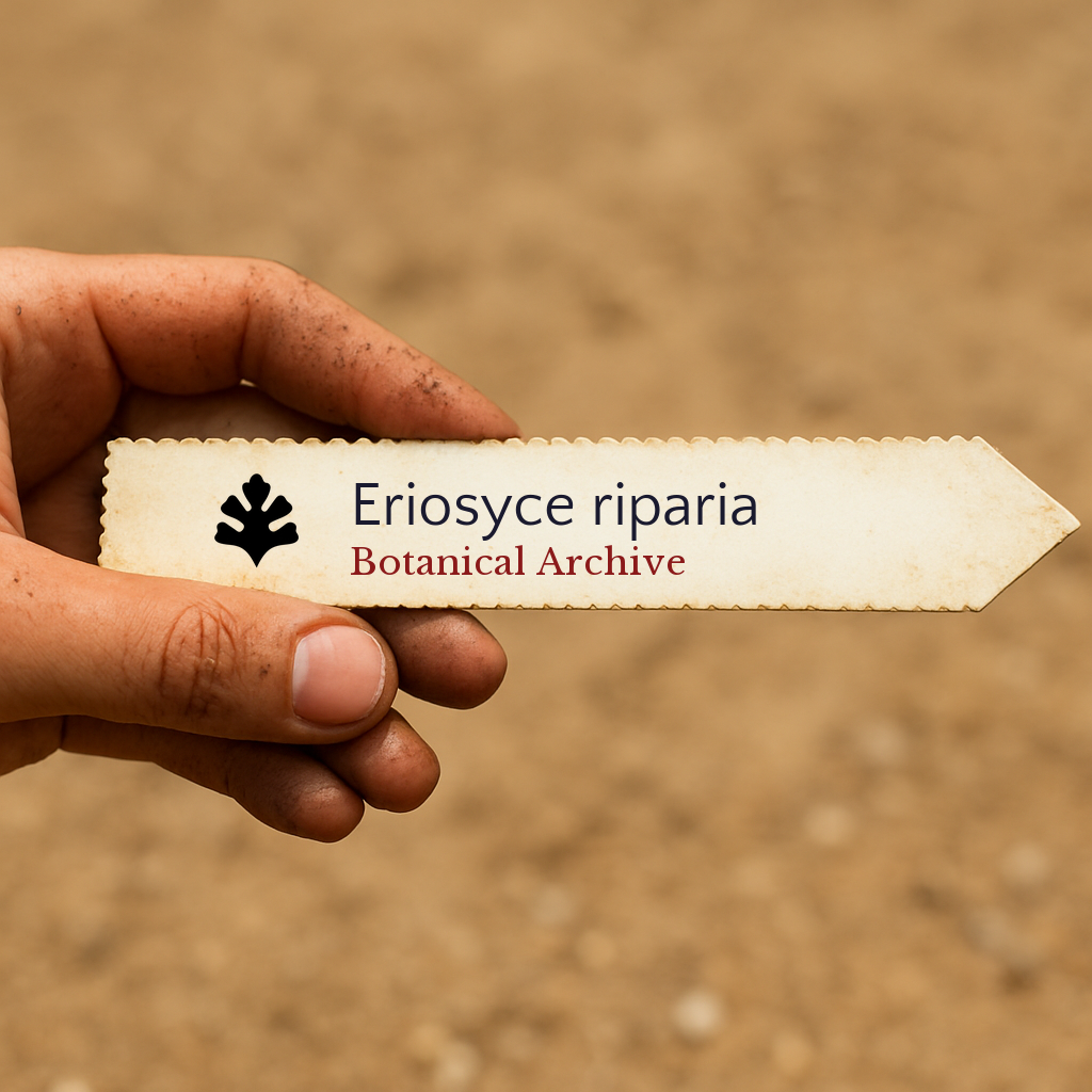 Trykt planteetikett for Eriosyce riparia med Botanical Archive-logo holdt i hånden