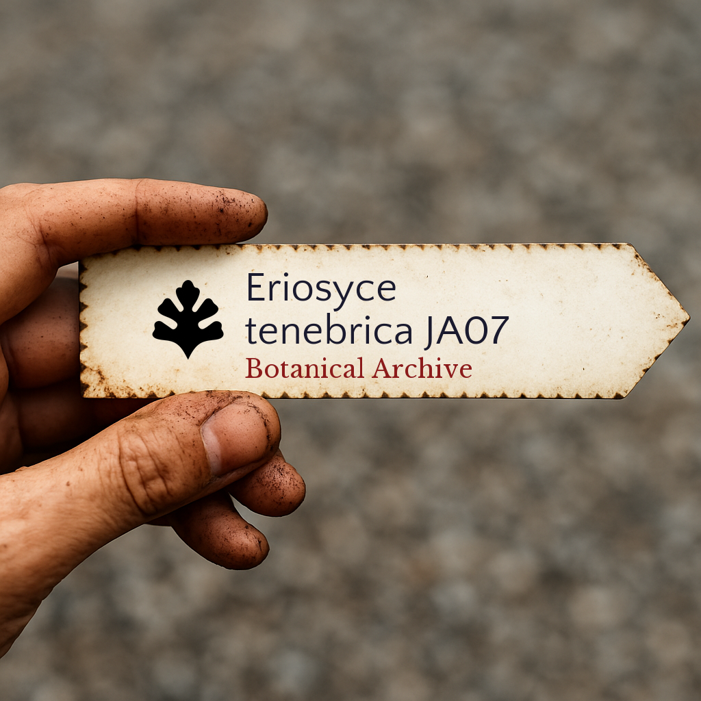 Vintage botanisk arkivetikett for Eriosyce tenebrica JA07 holdt av en skitten hånd