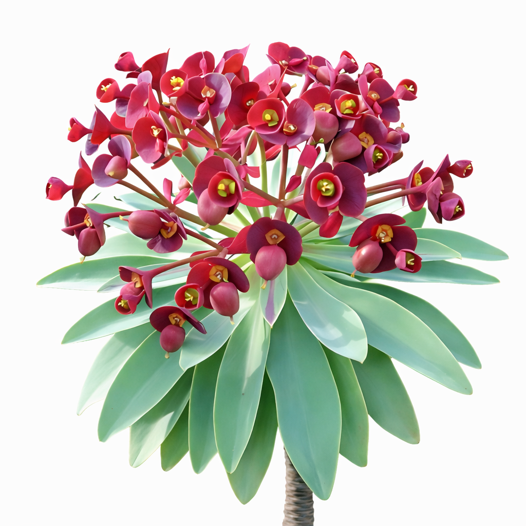 Euphorbia atropurpurea succulent with thick green leaves and vibrant red-purple flowers cluster