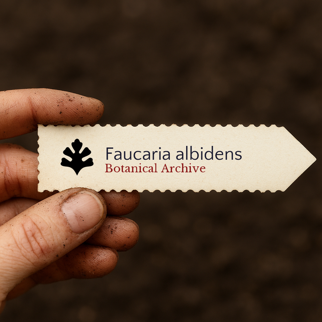 Etichetta per pianta stampata per Faucaria albidens con logo Botanical Archive su sfondo di terreno