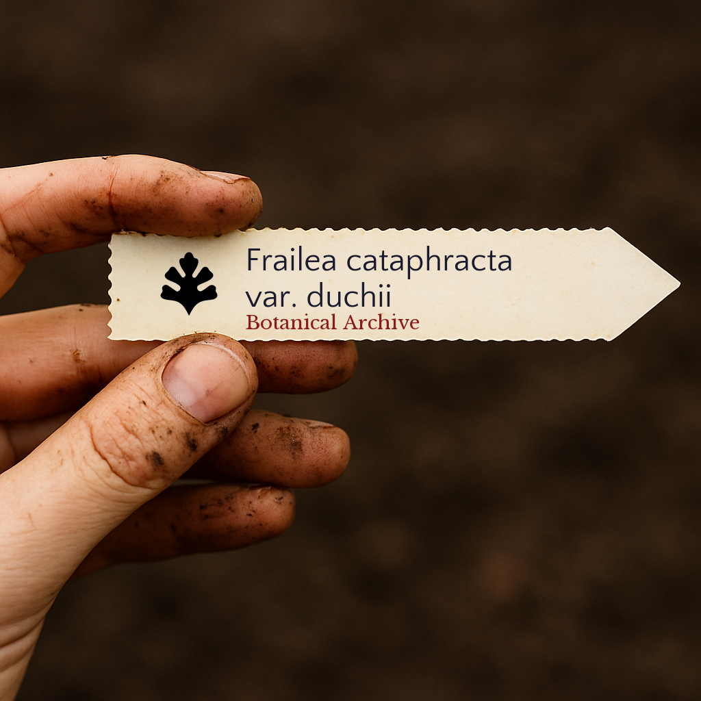 ป้ายพืชพิมพ์ลายสำหรับ ฟราเลีย คาแทฟรักตา วาเรียเต ดีชิ ถือติดมือสกปรกเหนือพื้นดิน