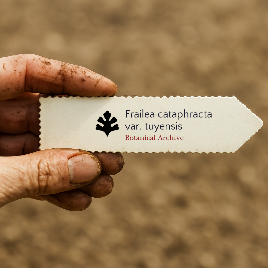 ป้ายพืชพิมพ์สำหรับ เฟรเลีย คาตาฟแรคตา วาไรตี้ ทูเยนซิส ถือโดยมือสกปรกกลางแจ้ง