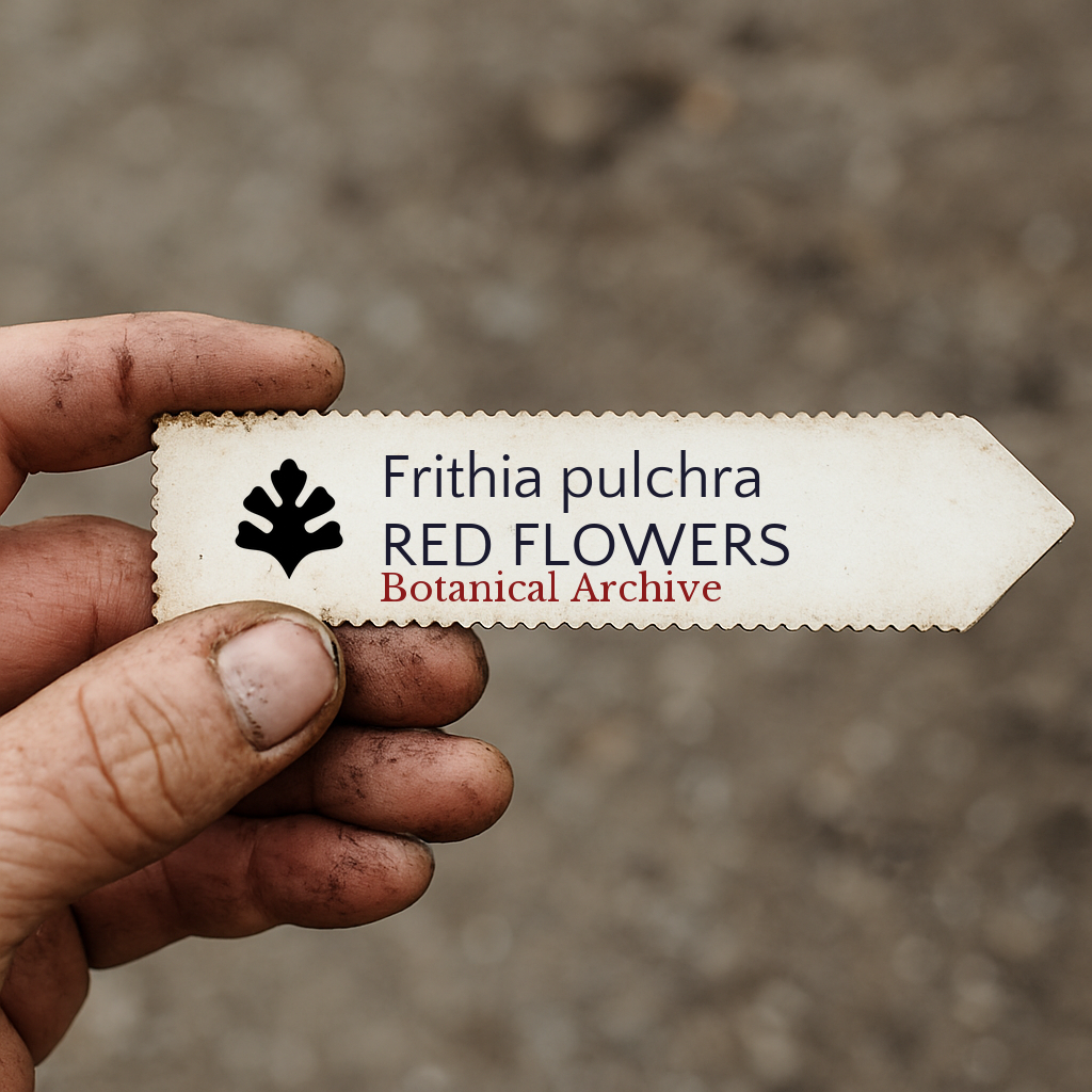 Trykt planteetikett for Frithia pulchra med Botanical Archive-logo holdt av en skitten hånd
