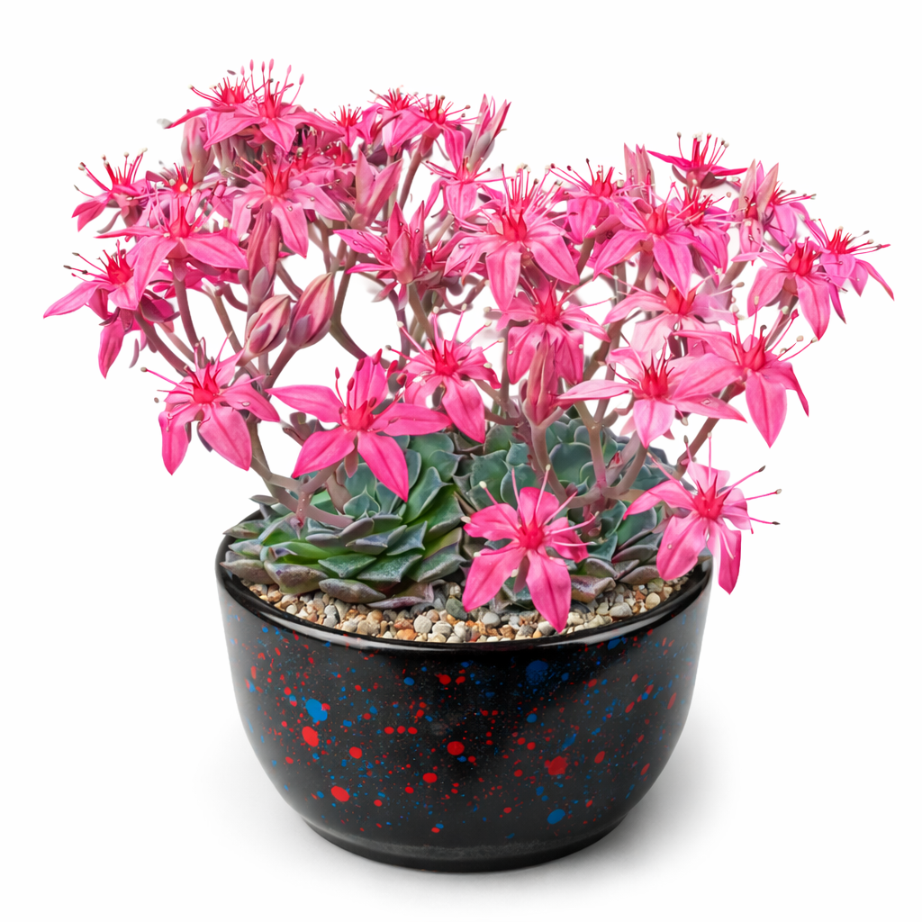 グラプトペタルム・ベラム 多肉植物、ロゼット葉と鮮やかなピンクの星形の花が鉢植えに