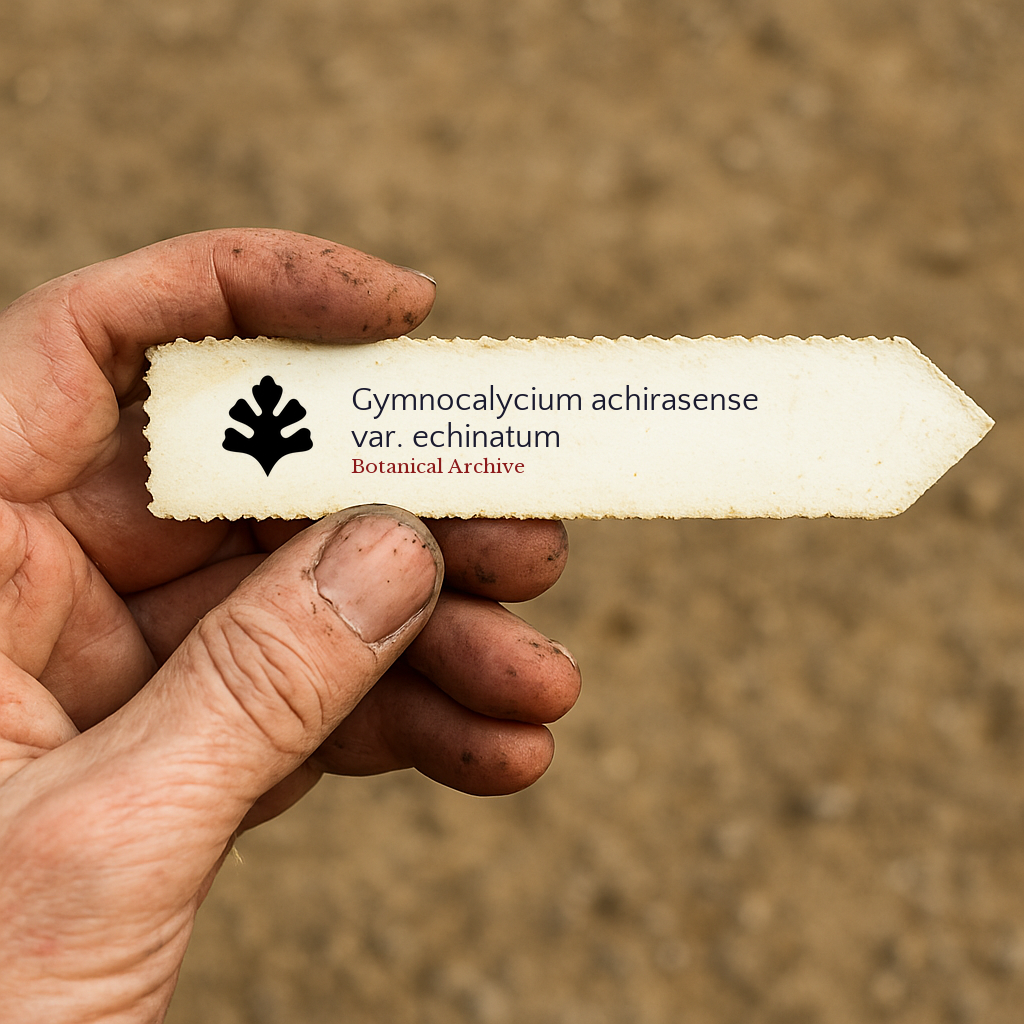 Etiqueta de planta impressa para Gymnocalycium achirasense var. echinatum segurada por mão suja ao ar livre