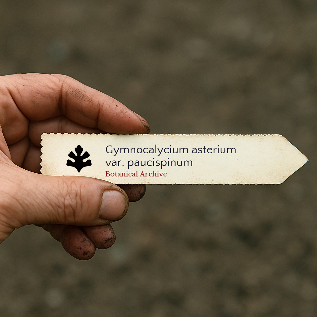 Etiqueta de planta impressa para Gymnocalycium asterium var. paucispinum segurada na mão com fundo de terra