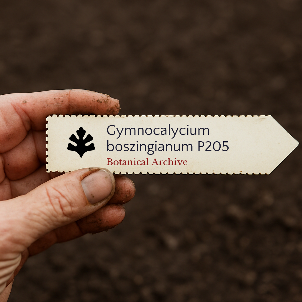 Etiqueta de planta impressa para Gymnocalycium boszingianum P205 numa superfície de solo