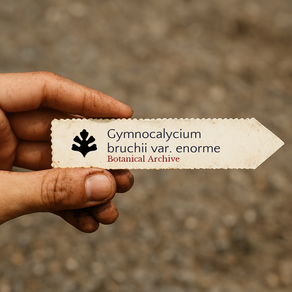 Etiqueta de planta impressa para Gymnocalycium bruchii var. enorme segurada por mão suja ao ar livre